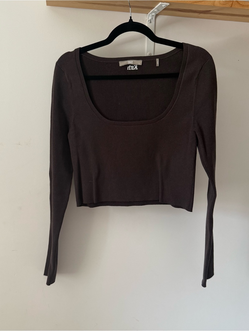 Kith Spring 22 Knit Square Neck Long Sleeve Cropped Top in Dark Brown